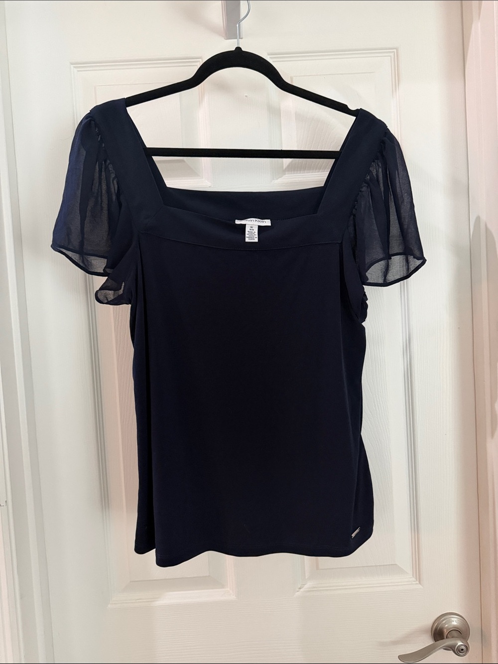 Calvin Klein Navy Square Neck Top with Sheer Puff Sleeves